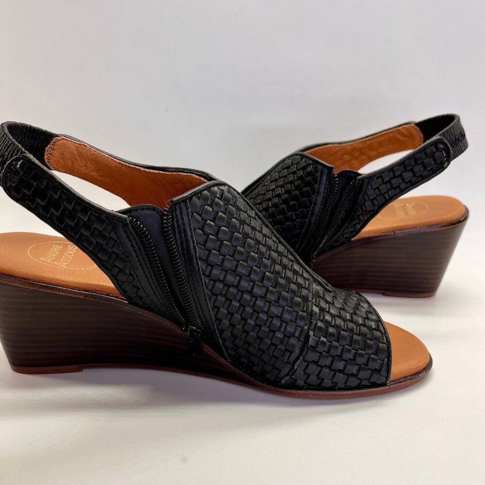 Andre Assous Belinda Wedges Size 8.5 Black Woven Slingback Peep Toe Heels - Picture 8 of 16